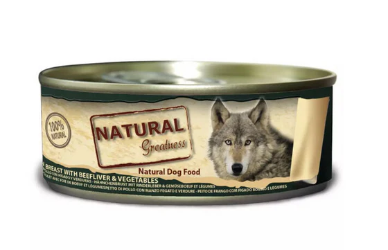 Natural Greatness Pollo, Hígado de Buey y Verduras lata 156gr para perros